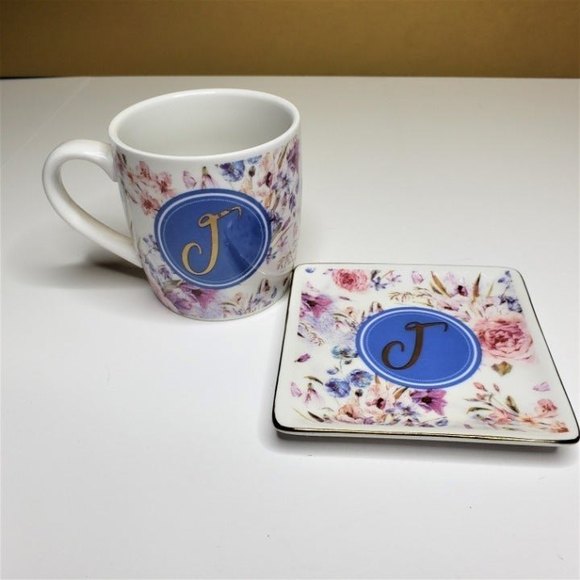 Ceramic Mug Tea Dish Set Gift Box Monogram J Coffee or Tea Saucer NOS Boxed - Picture 1 of 8